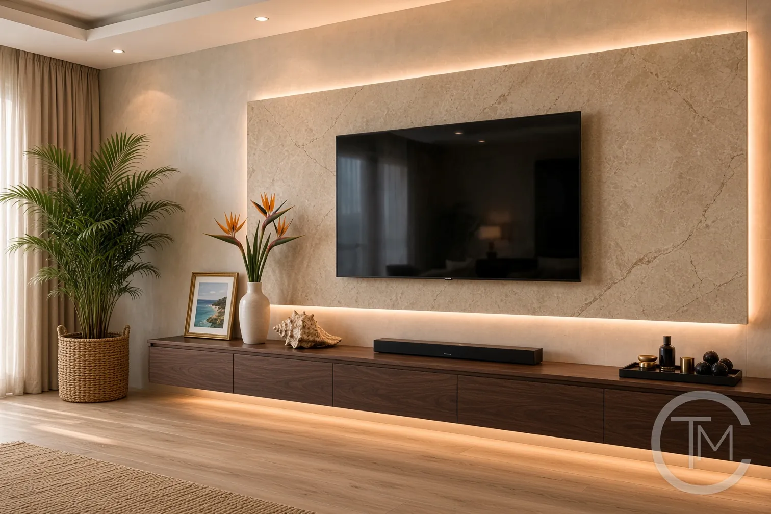 Media wall design idea with a backlit floating TV panel above a long walnut floating console