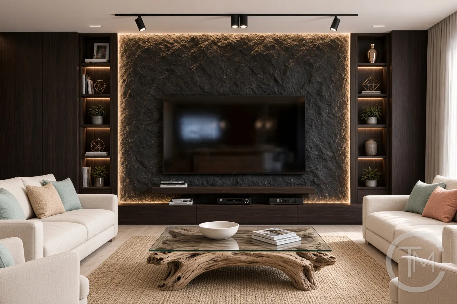 Media wall design idea with a dark textured backlit TV wall, lit shelf niches and dark wood side panels