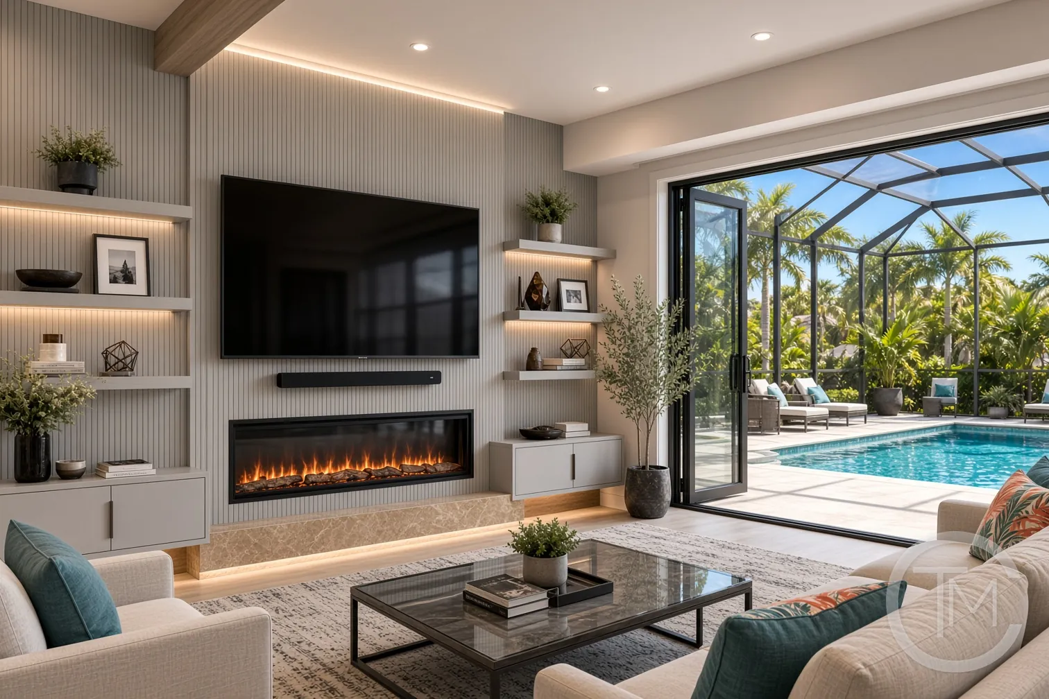 Media wall design idea: a light fluted media wall with lit floating shelves and a fireplace, opening to a pool lanai