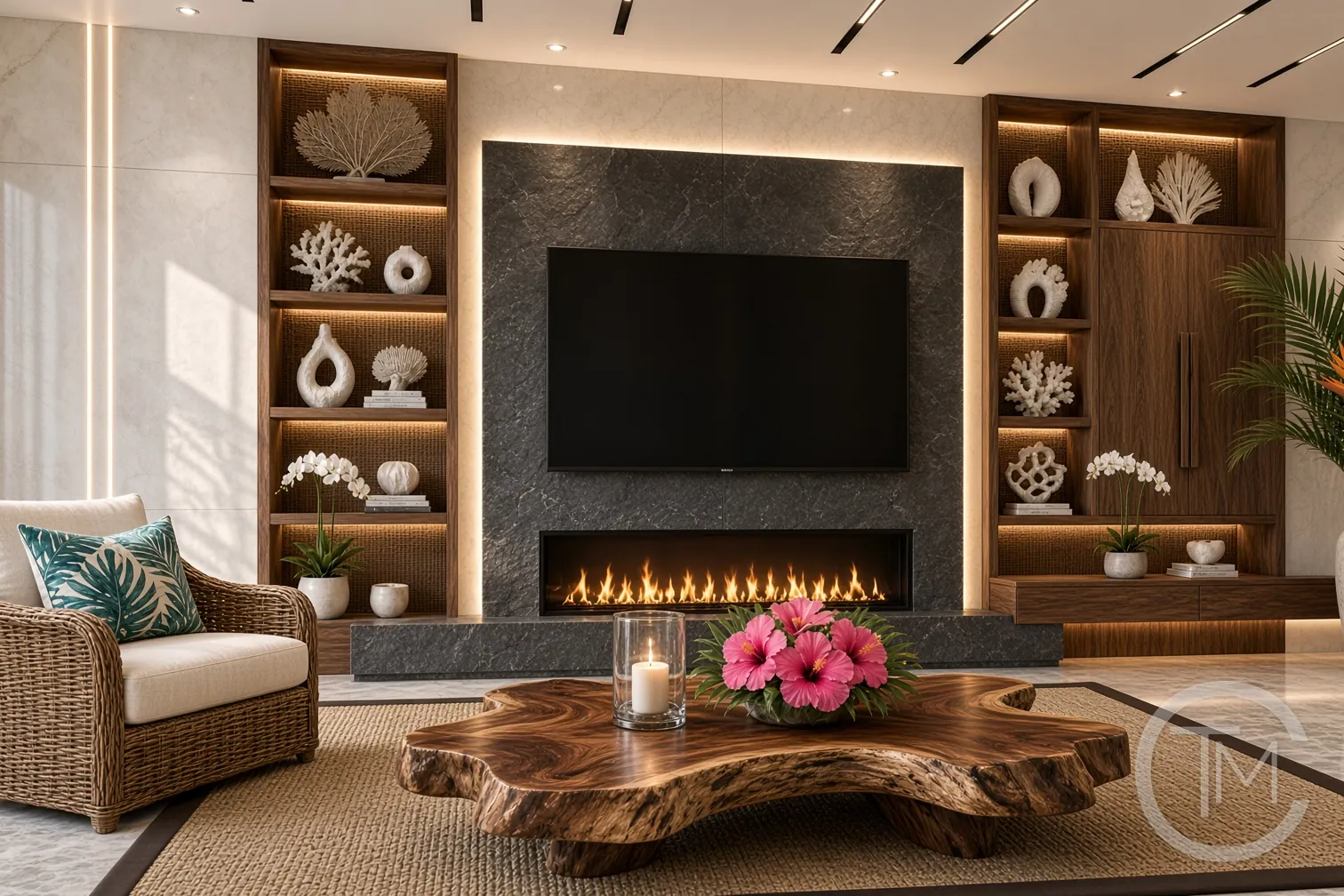 Media wall design idea with lit wood built-ins on both sides of a dark textured TV wall and a linear fireplace, styled with coastal decor